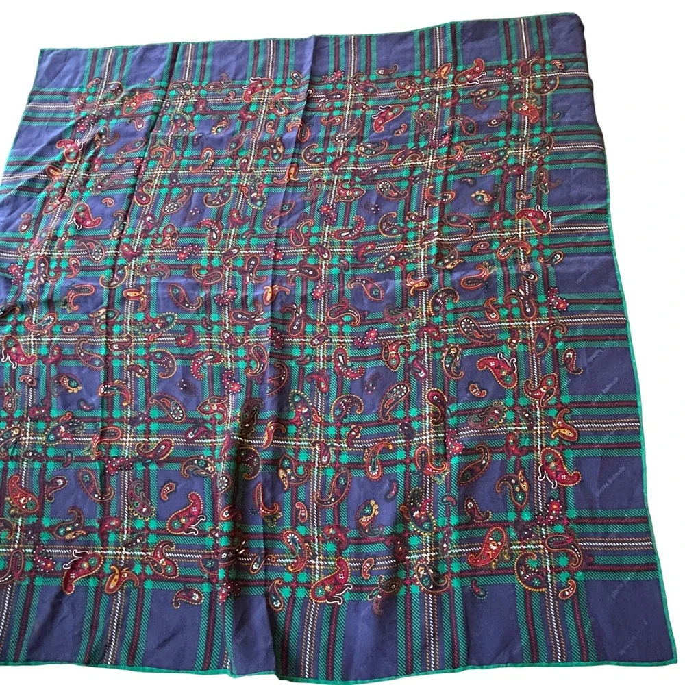 Pierre Balmain Scarf 30x30 Purple Green Paisley Plaid Square Silk Mix